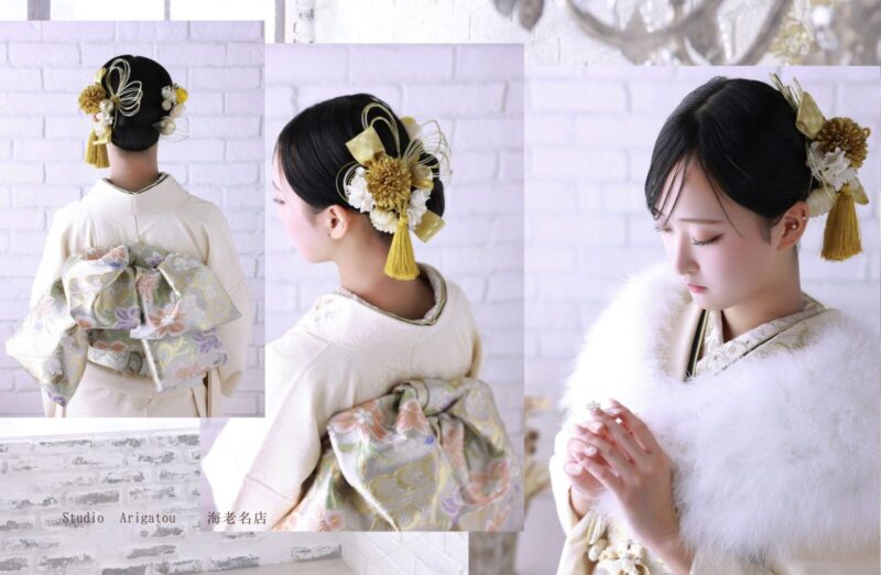 振袖撮影の後ろ姿(帯)ななめ後ろ撮影(髪飾り) 下をむき手をあわせる写真(ショール)